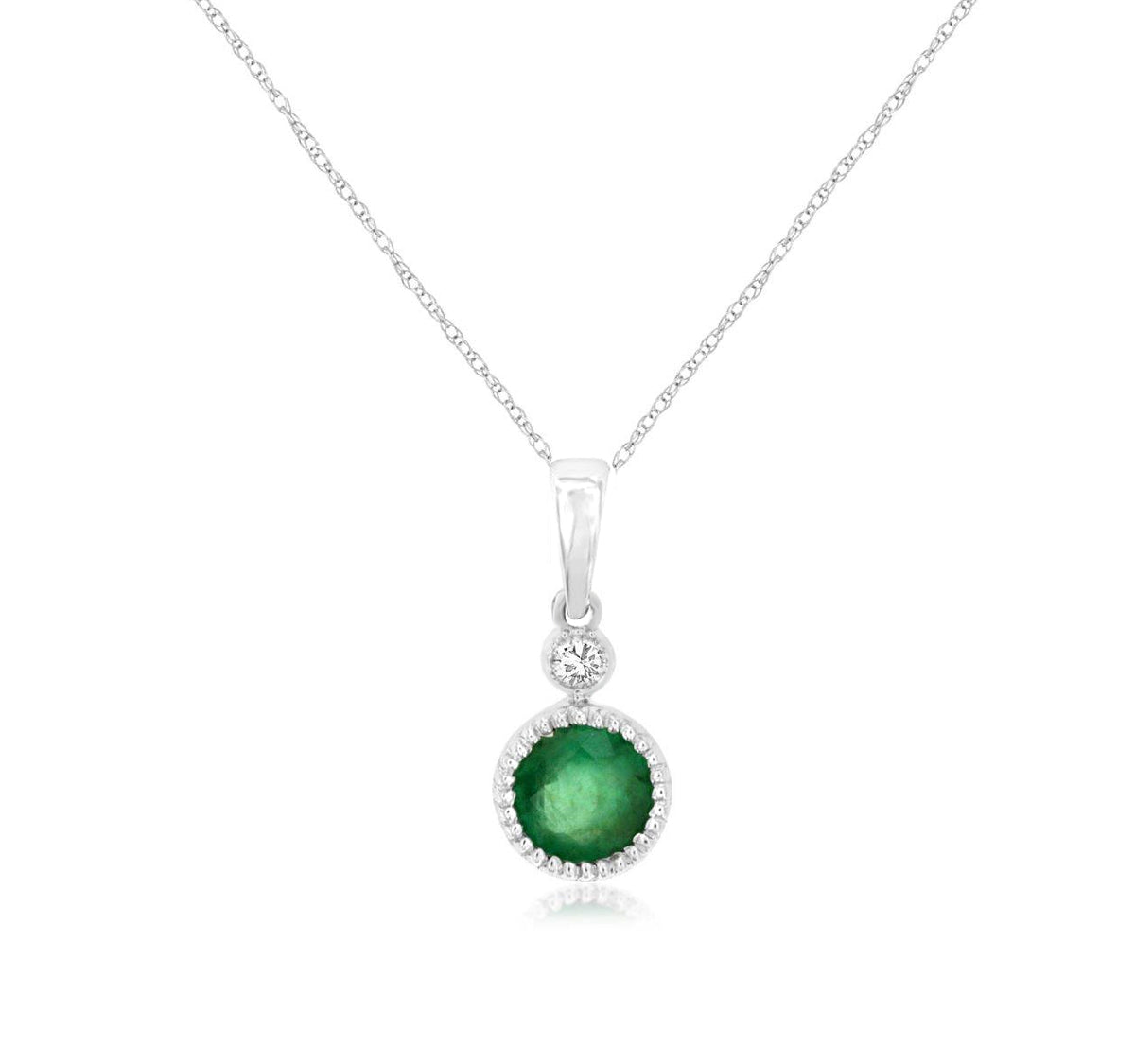 Round Emerald and Diamond Milgrain Bezel Pendant Necklace in 14k White Gold