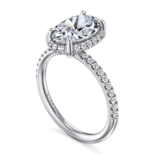 Suede Oval Prong Set Hidden Halo Diamond Pave Engagement Ring Setting in White Gold, 0.30 cttw