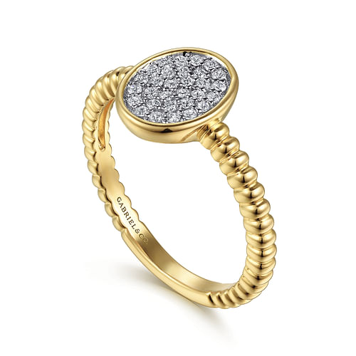 Diamond Pave Oval Signet Bujukan Bead Ring in Yellow Gold, 0.15 cttw