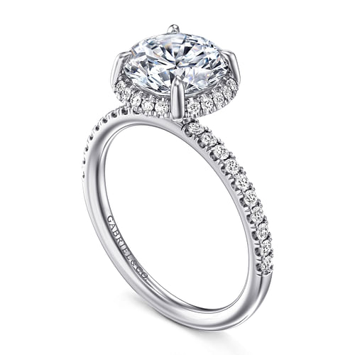 Suede Round Prong Set Hidden Halo Diamond Engagement Ring Setting in White Gold, 0.30 cttw