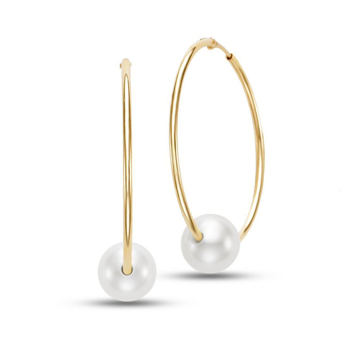 White Freshwater Pearl Endless 25mm Hoop Earrings in Yellow Gold