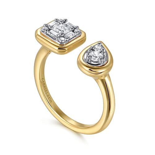 Toi Et Moi Cushion and Pear Shaped Diamond Cluster Ring in Yellow and White Gold, 0.45 cttw