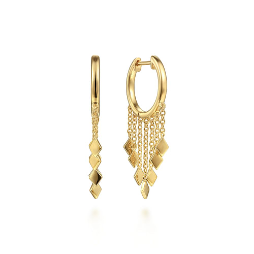 Diamond-Shaped Tassel and Chain 15mm Huggie Drop Earrings in Yellow Gold