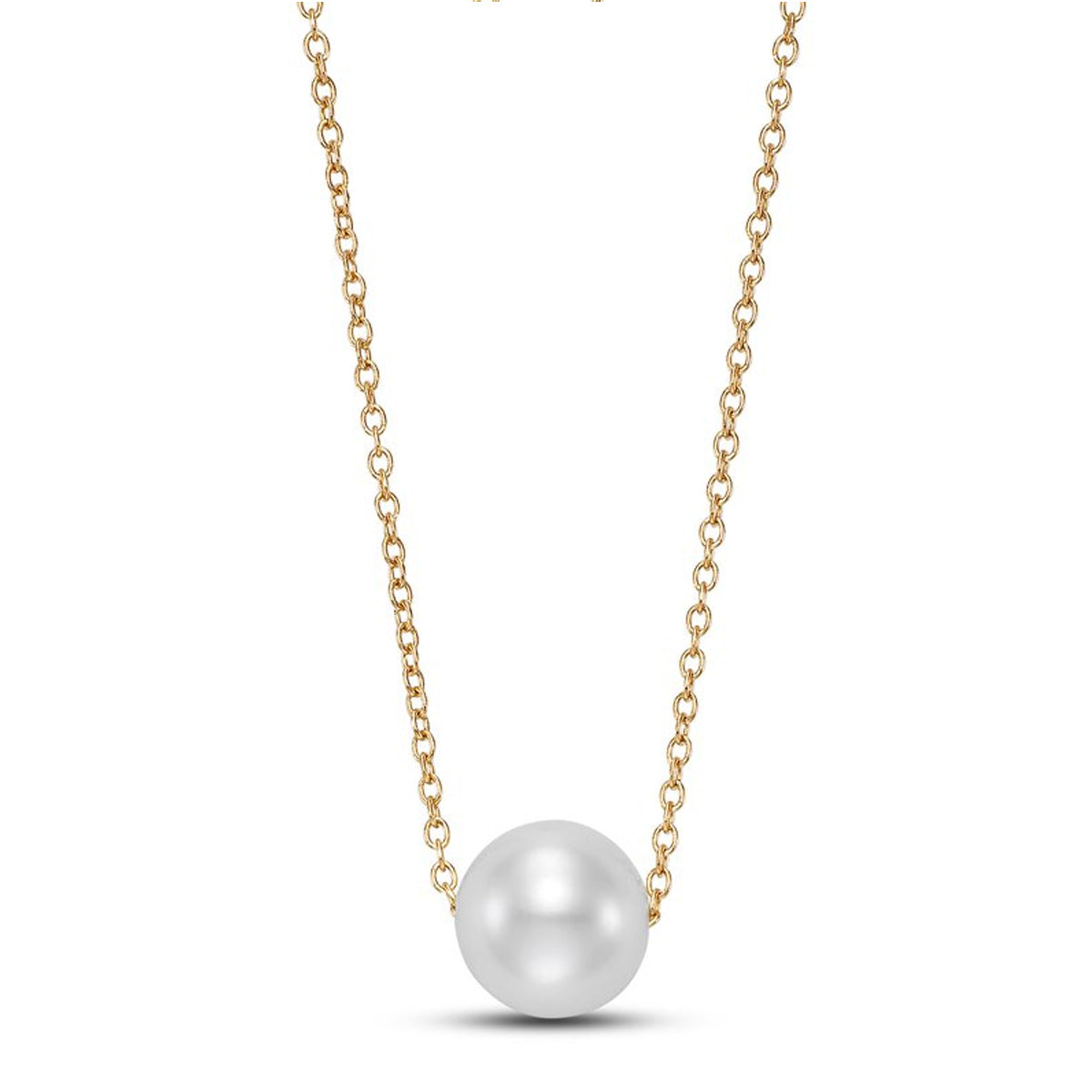 Floating White Freshwater Pearl (7.5-8mm) Cable Link Chain Necklace in Yellow Gold