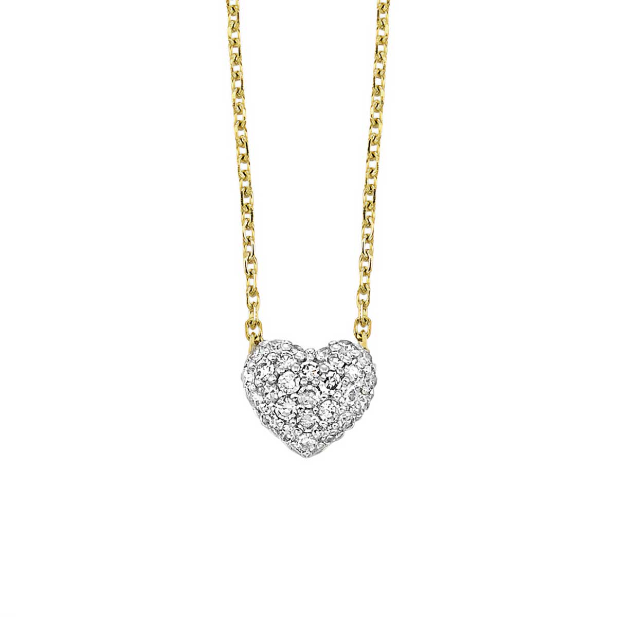 Pave Diamond Puffed Heart Pendant Necklace in Yellow Gold, 0.15 cttw