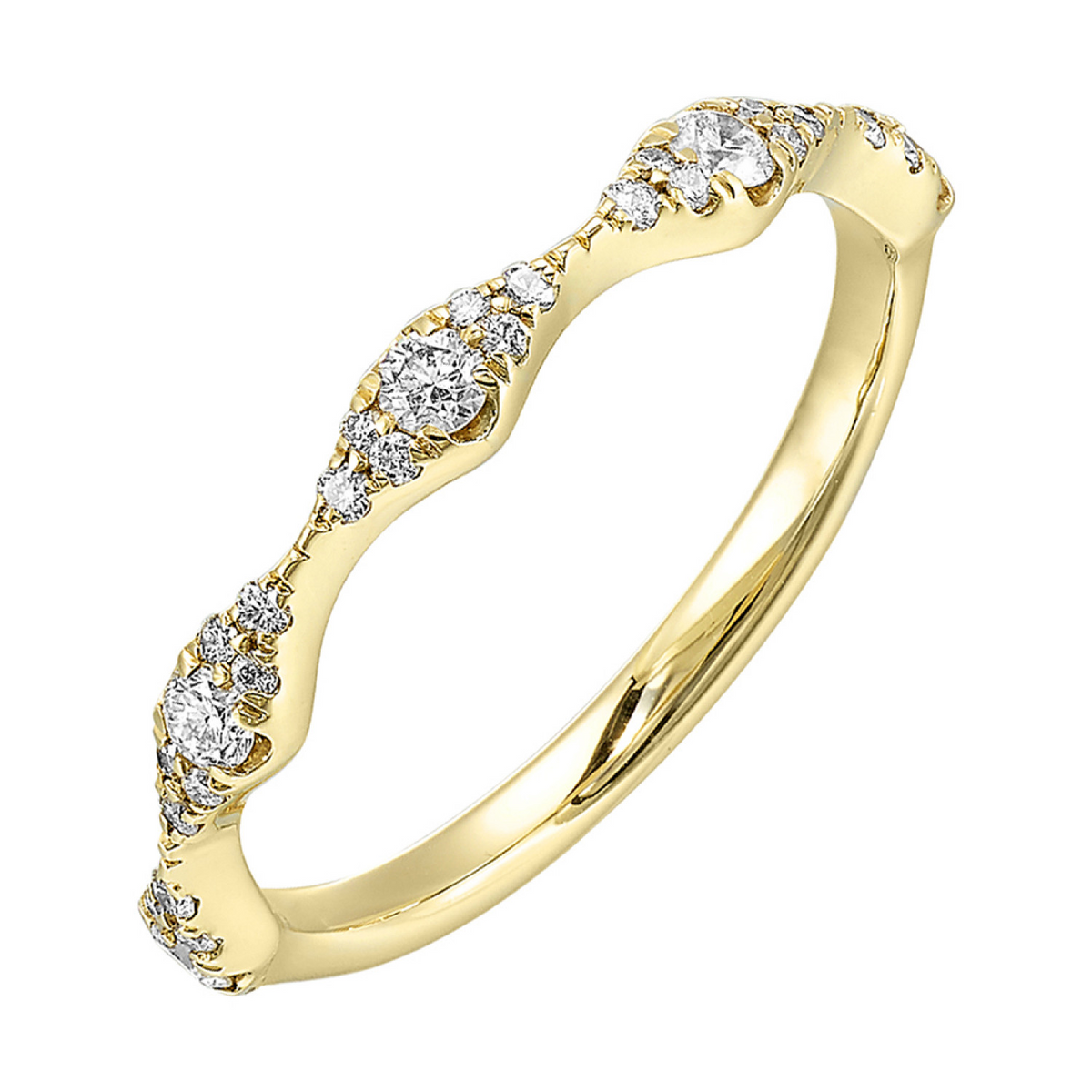 Thin Stackable Kite-Sectioned Diamond Pave Ring Band in Yellow Gold, 0.30 cttw