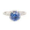 Luminous Blue Round Sapphire Diamond Halo Pave Ring in White Gold