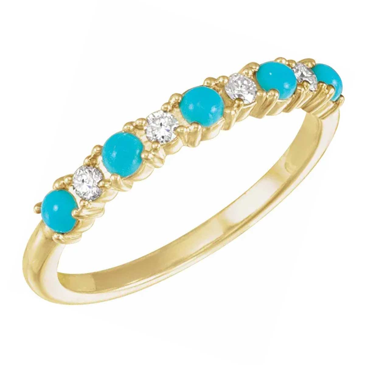 Turquoise Cabochon and Round Diamond Ring Band in Yellow Gold, 0.10 cttw