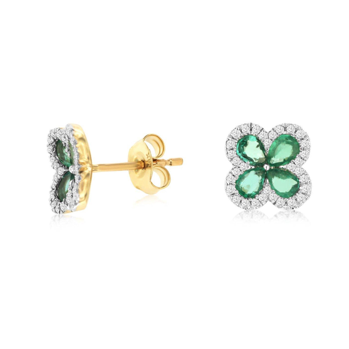 Pear-Shaped Emerald and Diamond Halo Clover Stud Earrings in Yellow Gold