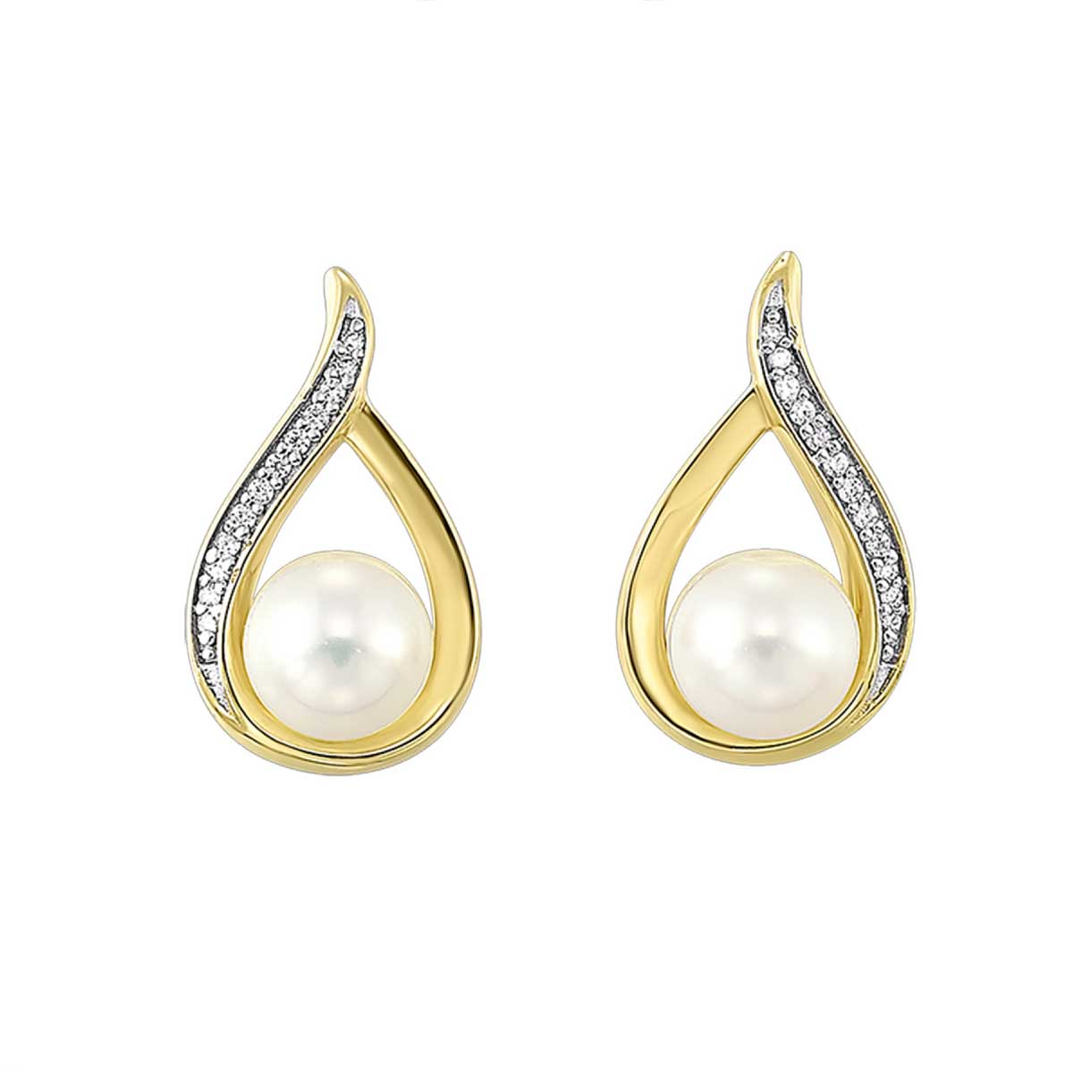 Teardrop Pearl and Diamond Pave Stud Earrings in Yellow Gold, 0.04 cttw